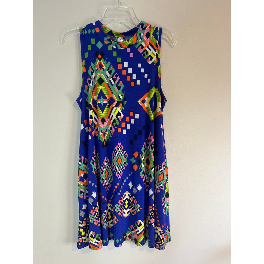 Honeyme Blue Geometric Tribal Print Sleeveless Swing Mini Dress Small NWT